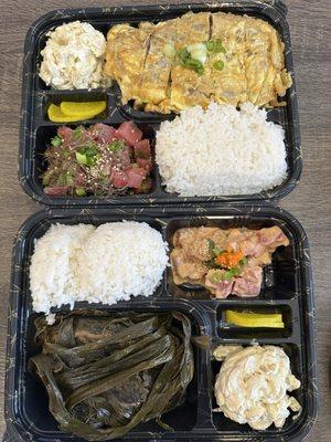 Lau lau bento with spicy mayo  Meat Jun and Limu Poke Bento