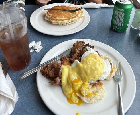 Chocolate chip short stack and Sausage Benedict (subbed linguica)