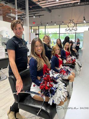 Dellaria Salon Stylists getting Patriots Cheerleaders game day ready with gorgeous hair in Natick location!