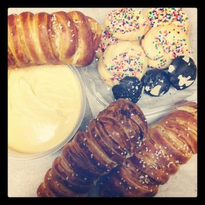 Butter cookies, coconut macaroons and pretzels with garlic cheese!