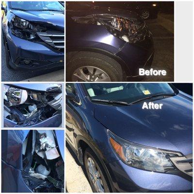 My SUV collision with a deer; before and after repairs. Thank you Caliber!