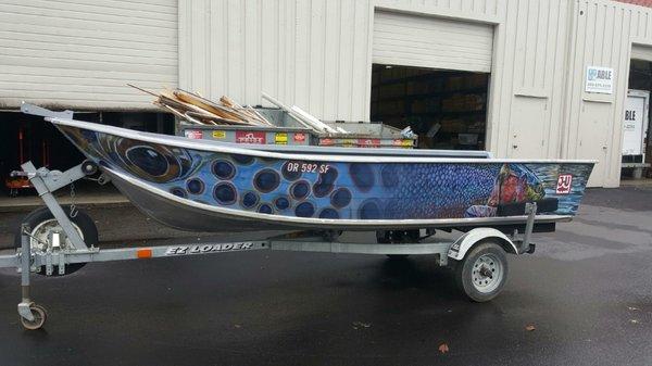 Custom designed vinyl boat wrap