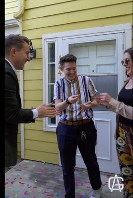 Celebrating Rose and Lauren's first home purchase, the moment keys were delivered.