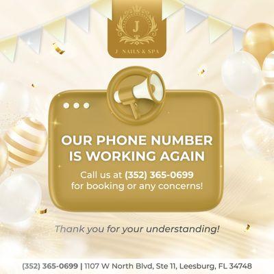 OUR PHONE NUMBER IS WORKING AGAIN 
 Call us at 352-365-0699 for bookings or any questions you may have. 
We appreciate your patience