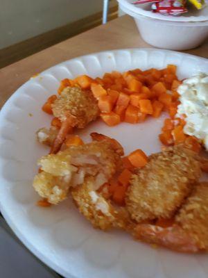 Replacement Sunday dinner Cold greasy fried shrimp soggy from the juice of the carrots canned in con syrup