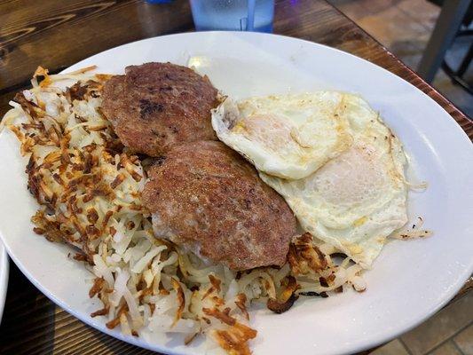 Two eggs, two sausage and hashbrowns