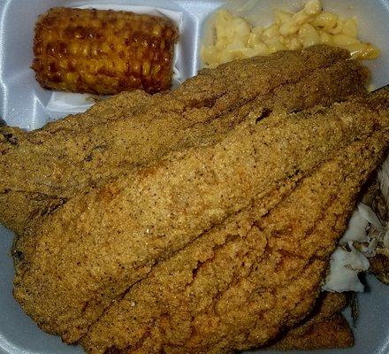 Pantrout, macaroni & cheese, and fried corn on the cob.