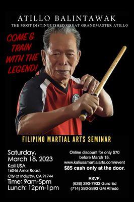 ATILLO SEMINAR 2023
 
 Saturday, March 18, 2023.
 Time: 9:00 AM -5:00 PM
 
 Online only: $70 
 At the door: $85