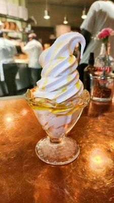 Vanilla soft serve with olive oil and ice cream