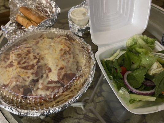 Saturday special Chicken parm with garlic bread and a side salad