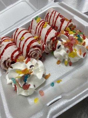 Strawberry cheesecake and fruity pebbles rolled