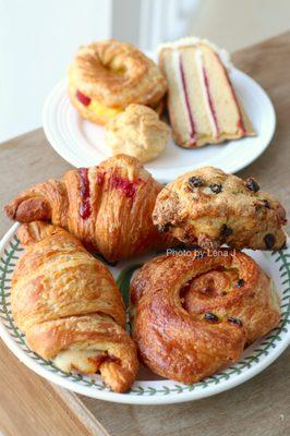 Raspberry Croissant, Cheese Croissant, Pain aux Raisins, Blueberry Yuzu Scone, Paris Brest, Cream Puff, Raspberry Cake ($27.25 total)