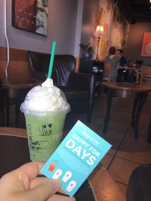 Green Tea Frap with their summer special, buy 4 grandes and get the fifth free.. (but the promo only lasts a month 05/15/17-06/15/17)