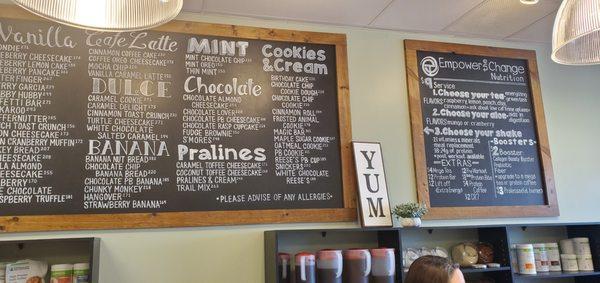 Menu of various shakes