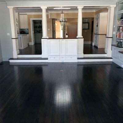 Rift and quartered white oak with dark dye and stain with satin polyurethane