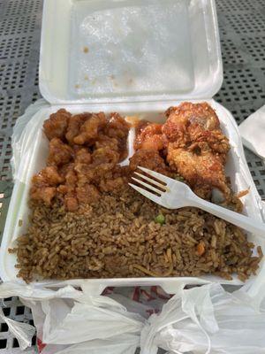 3 Item plates, orange chicken, rice, fried chicken(there were two pieces of fried chicken, but I ate one)