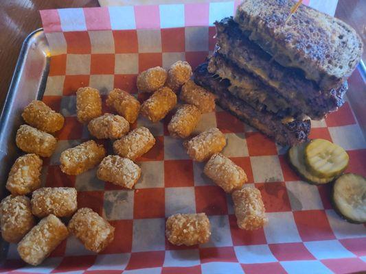 Patty melt with tator tots