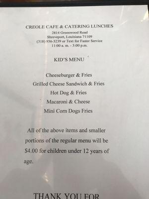 Creole Cafe kids menu