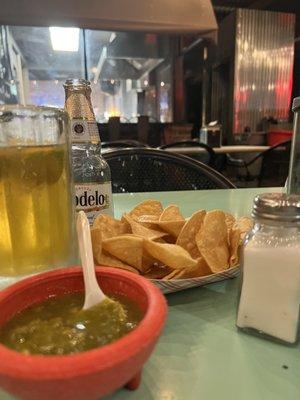 Cold Modelo and tasty chips and salsa.