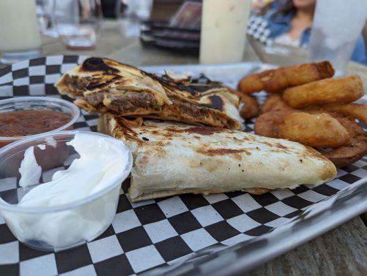 Crunch Wrap, beef, with onion rings.  This is worth your time.