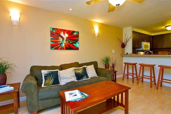 This two bedroom two bathroom condominium has been fully remodeled in a tastefully done Hawaiian modern setting.