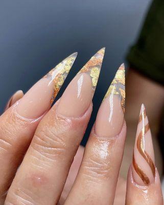 Nails done by Andy, IG: @everydaynail2 clear french tip encapsulated gold flakes