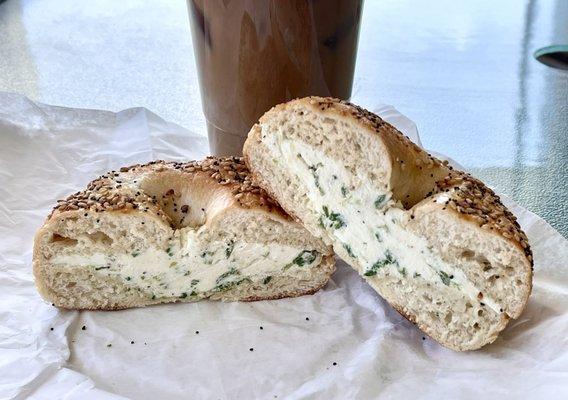 Everything bagel with scallion cream cheese and large iced coffee