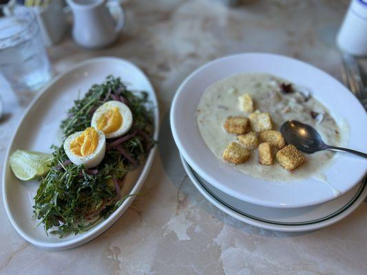 Clam chowder was excellent... avocado toast above average