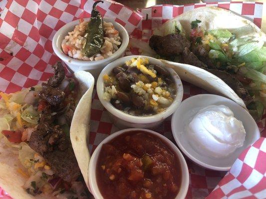 Steak Tacos, rice and beans