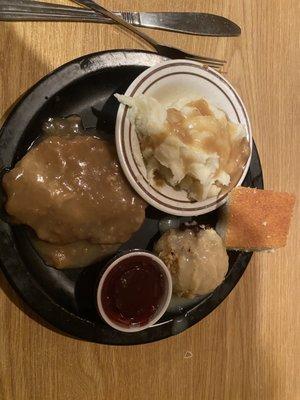 Meat and 2 sides (country fried steak, cornbread dressing, mashed potatoes, cornbread and cranberry sauce)