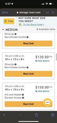 Screenshot from the StorageMart website. The photo shows the 10x15 non-climate control drive up unit for $139.99 a month.