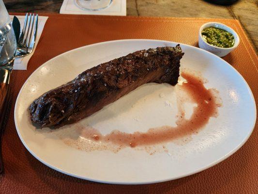 Santa Carota Hanger Steak - cooked medium rare with the Asian chimichurri sauce