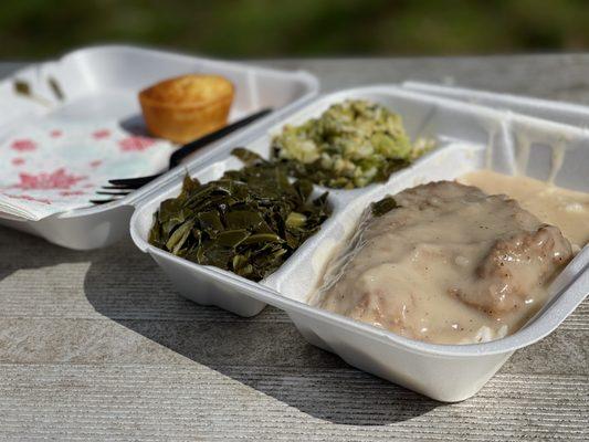 Steak and gravy with collards and broccoli casserole