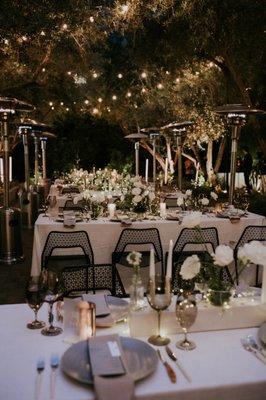 Dinner settings, menus, centerpieces and florals, and all decor by EBTC