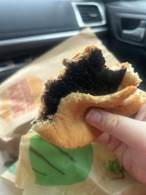 This is an incredibly burned Impossible WHOPPER I got