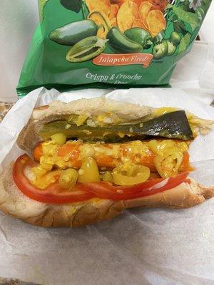 Chicago style veggie dog and Jalapeño chips!