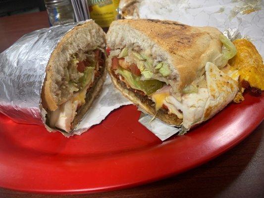 Torta Cubana: Breaded steak, sausage, ham, Mexican sausage, egg, oaxaca cheese & fresh cheese. $12.99