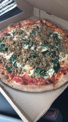 Fiorentina with sausage (includes fresh spinach, garlic, parmigiano, and fontina cheese). The Best! Fresh.