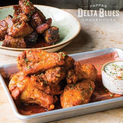 STICKY PORK BELLY BITES with cherry cola glaze & SMOKEHOUSE CHICKEN WINGS with garlic butter