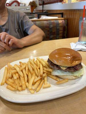 We found a STICKER inside of the fries, but the fries themselves tasted good. The burger wasn't as good.