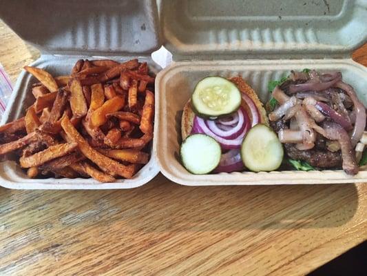 Sweet potato fries and a regular single with all toppings