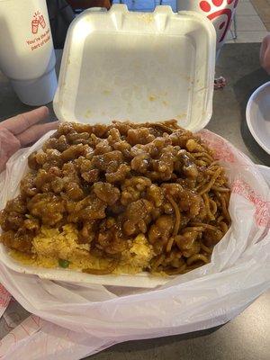 Sesame chicken with rice and lo mein