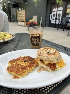 Bagel sandwich and hash brown casserole