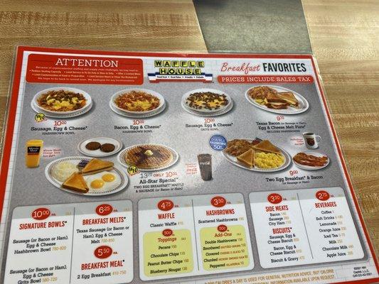 Placemat menu