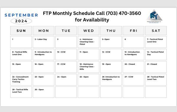 September's Training schedule