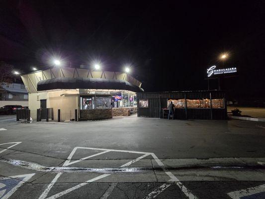 Outside, the restaurant is split into two separate eating areas.