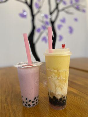 Strawberry milk tea with brown sugar boba; mango pomelo tea with brown sugar boba.