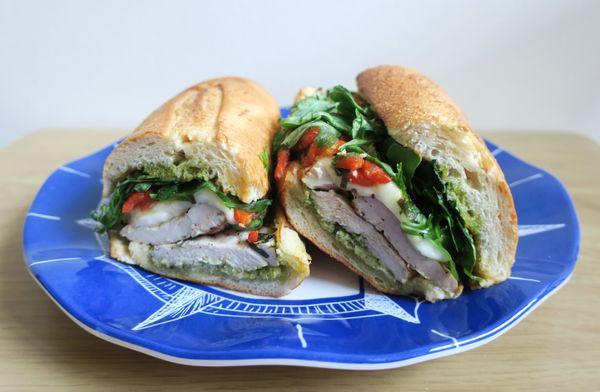 Grilled chicken, arugula, roasted peppers, mozz and pesto hero - excellent