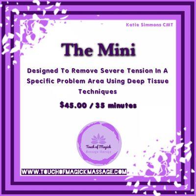 The mini
Designed to remove severe tension in a specific problem area using deep tissue techniques
$45.00/35 minutes