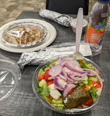 greek salad with chicken for "DINE IN". All in to go containers. lazy.